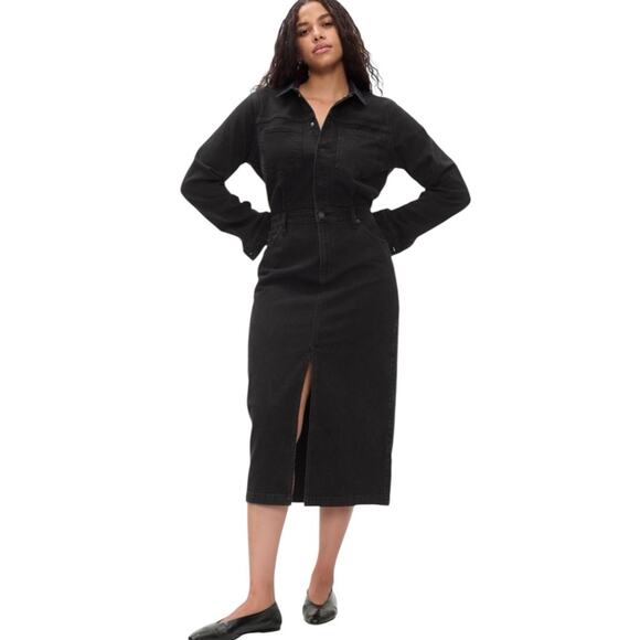 NWT Gap Denim Midi Dress Size Small Tall Black 90s Grunge Punk Minimal Utility - Picture 1 of 16